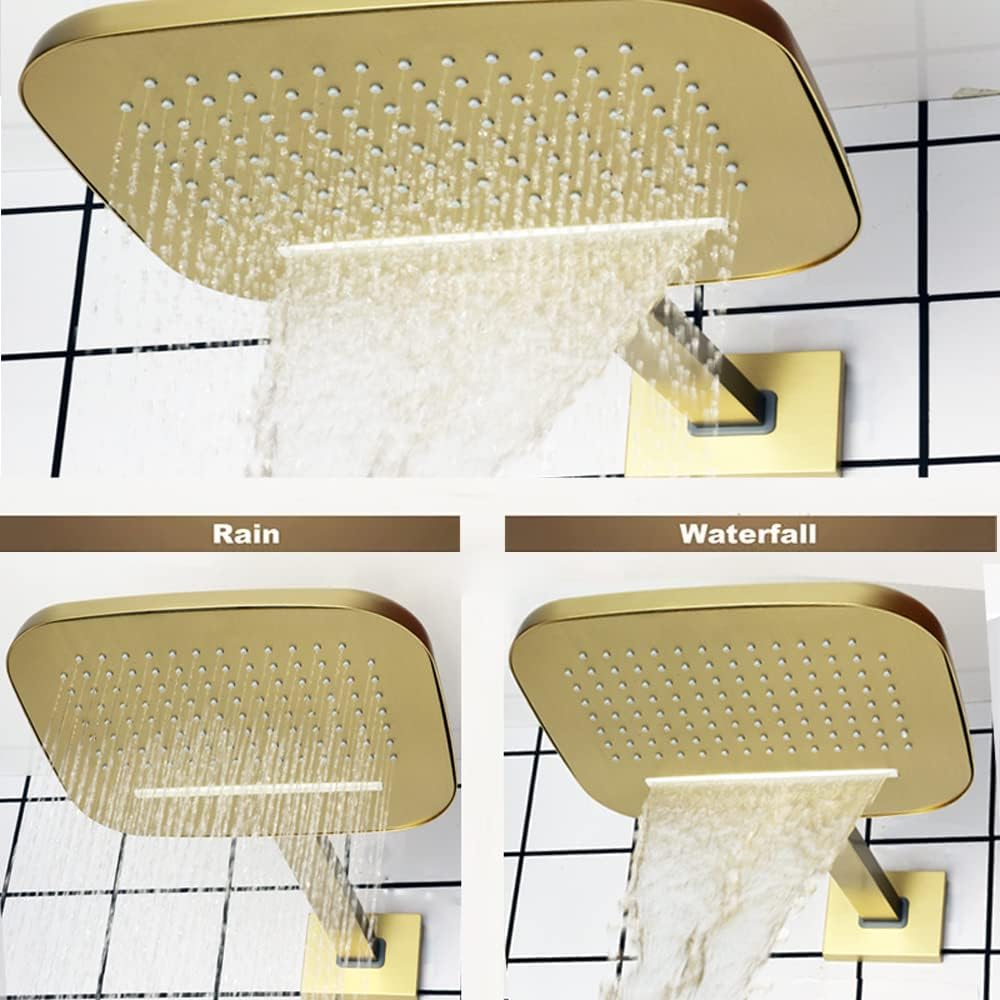 Waterfall Rain Shower System Wall Mounted Brass Ceiling Rainfall Shower Head With Handheld Sprays Massage Spa Body Combo Set (Brushed Gold)