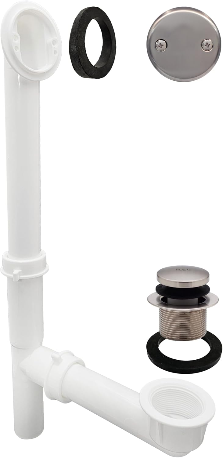 Westbrass 593244-4-07 14' x 1-1/2' White Tubular Bathtub Waste & Overflow Assembly with Tip-Toe Drain Plug and 2-Hole Faceplate, Satin Nickel (4-Pack)