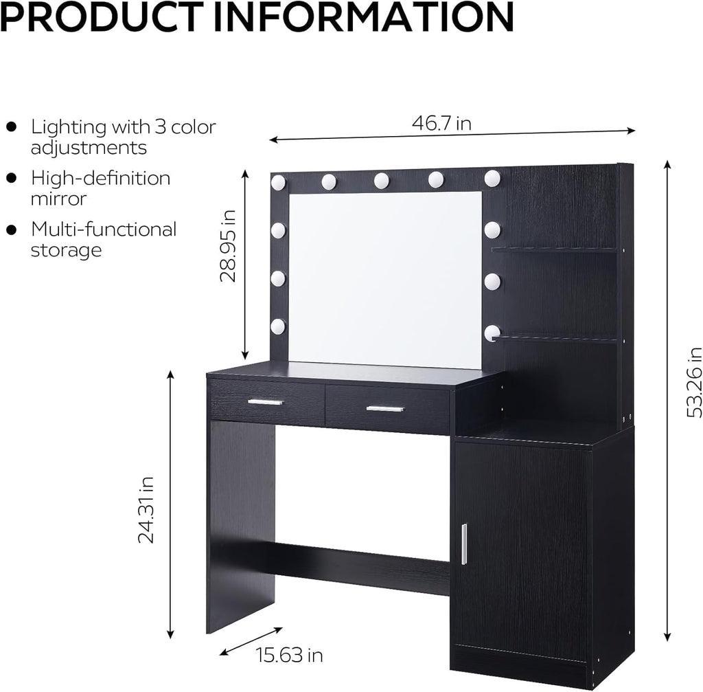 Palimder Vanity Desk with Lamp Bulb Mirror Drawers,Vanity Storage Bench,Makeup Vanities Table for Bedroom