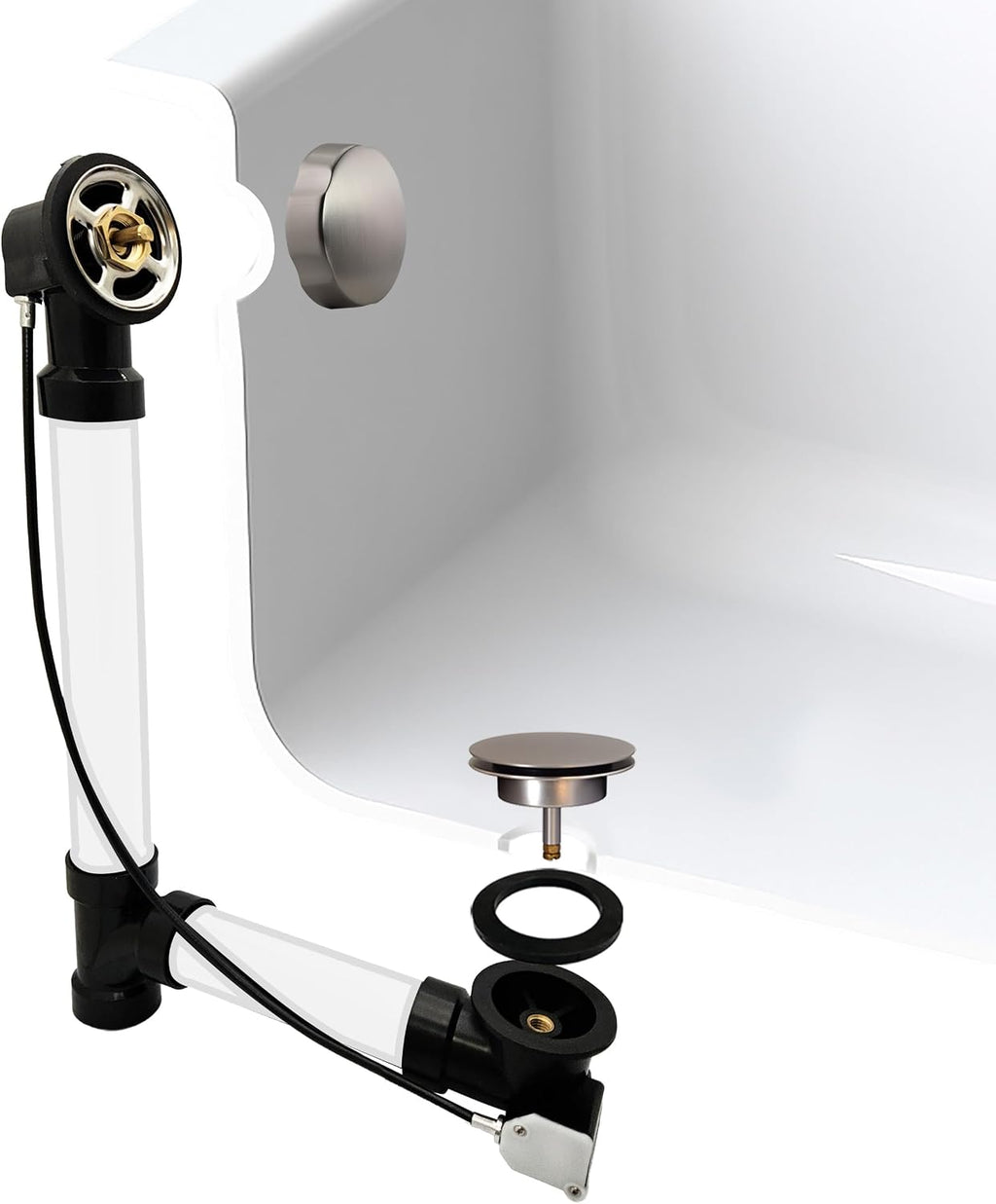 Westbrass D50A27-07 27' Cable Drive Standard Bath Drain Trim Kit with Rotary Overflow Cover Knob, Pop-Up Stopper and Sch. 40 ABS Fittings, Satin Nickel (12-Pack)
