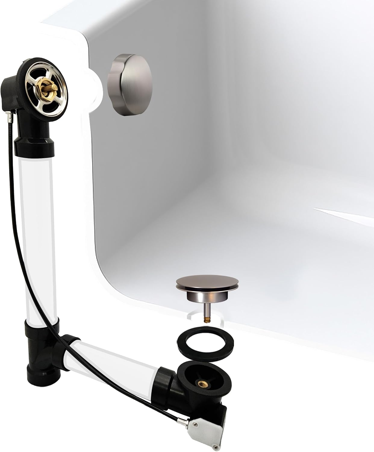 Westbrass D50A27-07 27' Cable Drive Standard Bath Drain Trim Kit with Rotary Overflow Cover Knob, Pop-Up Stopper and Sch. 40 ABS Fittings, Satin Nickel (12-Pack)