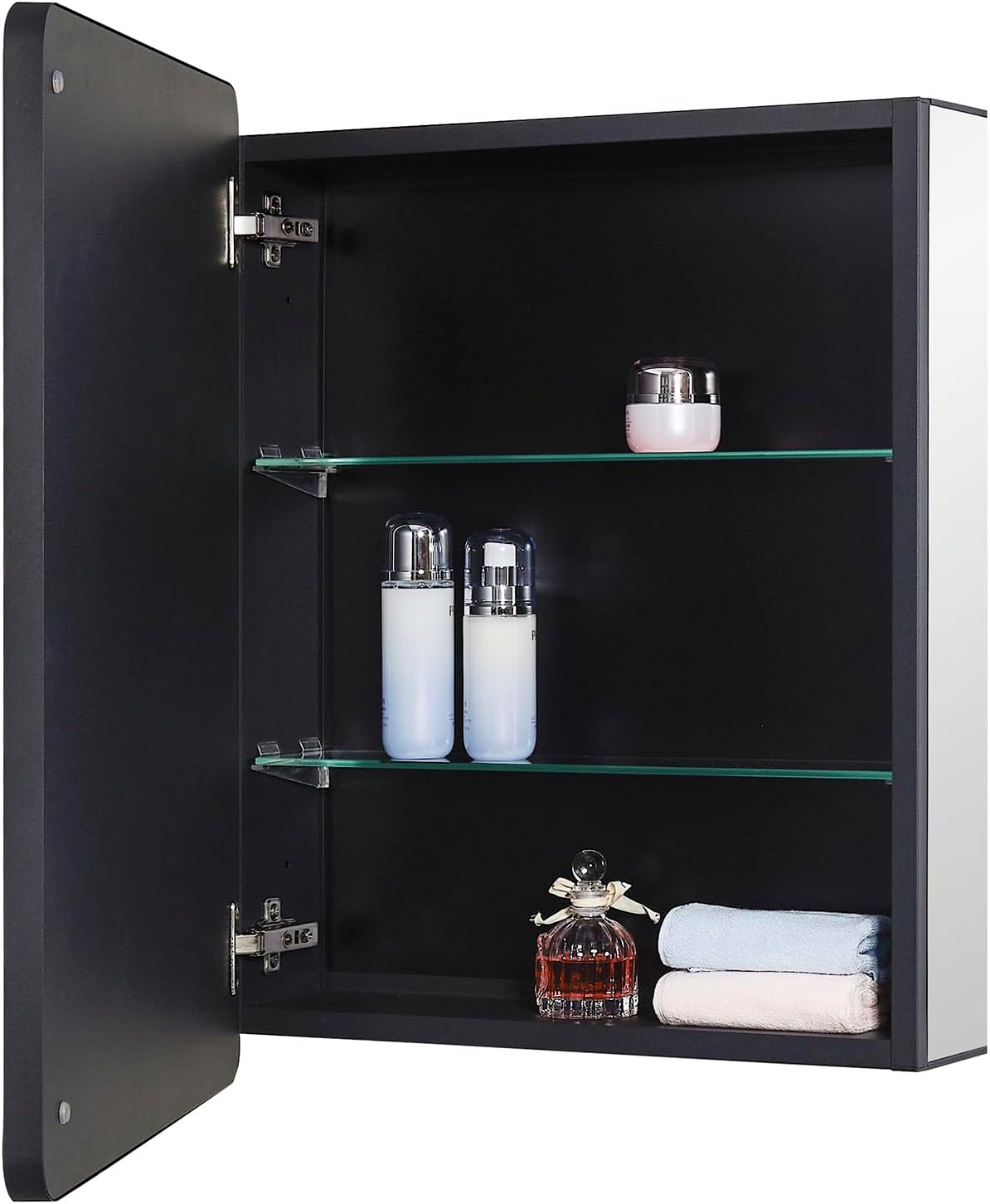 IDYLLOR Black Bathroom Mirror Medicine Cabinet with Round Corner Framed Door 20 x 26 inch, Recessed or Surface Mount, with Adjustable Glass Shelves