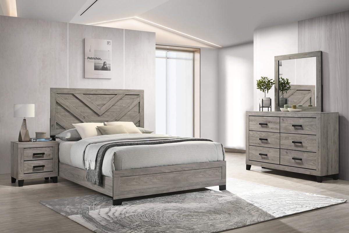 Furniture Rustic Charm Bedroom Set with Chevron Panel Headboard