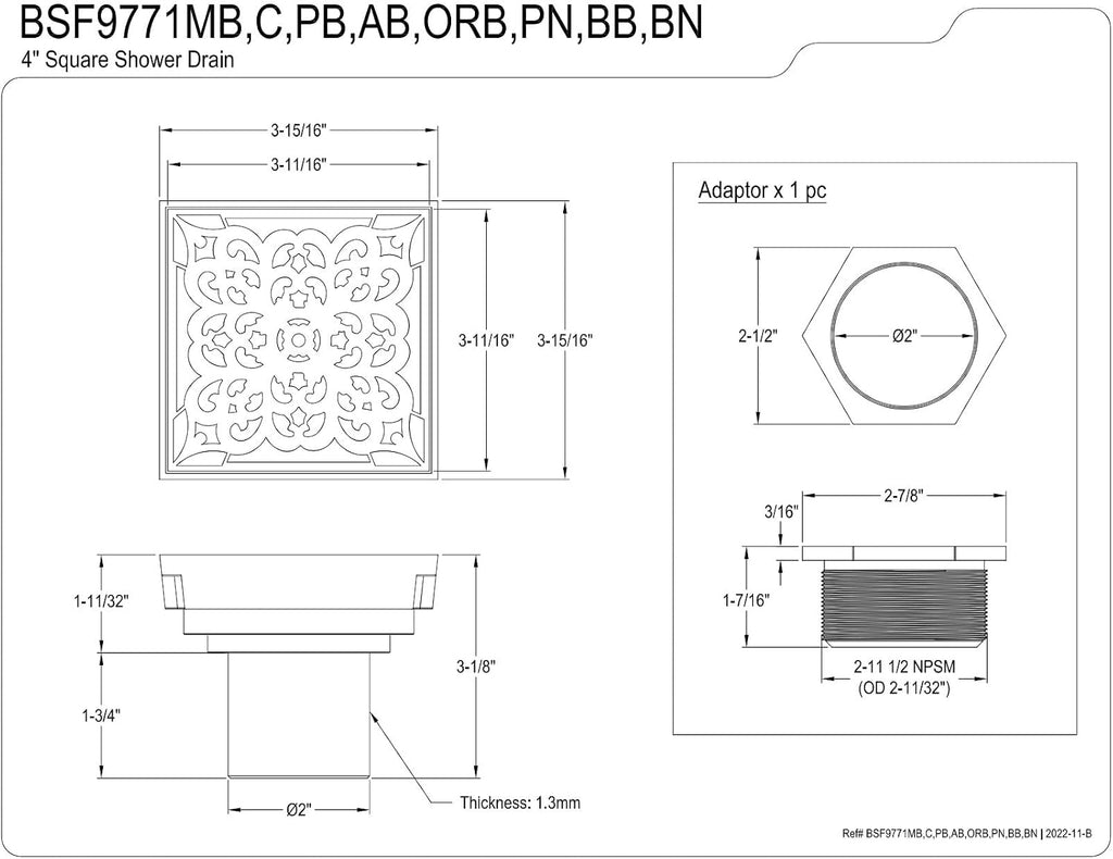 Scroll 4' Brass Square Grid Shower Drain with Hair Strainer, Oil Rubbed Bronze