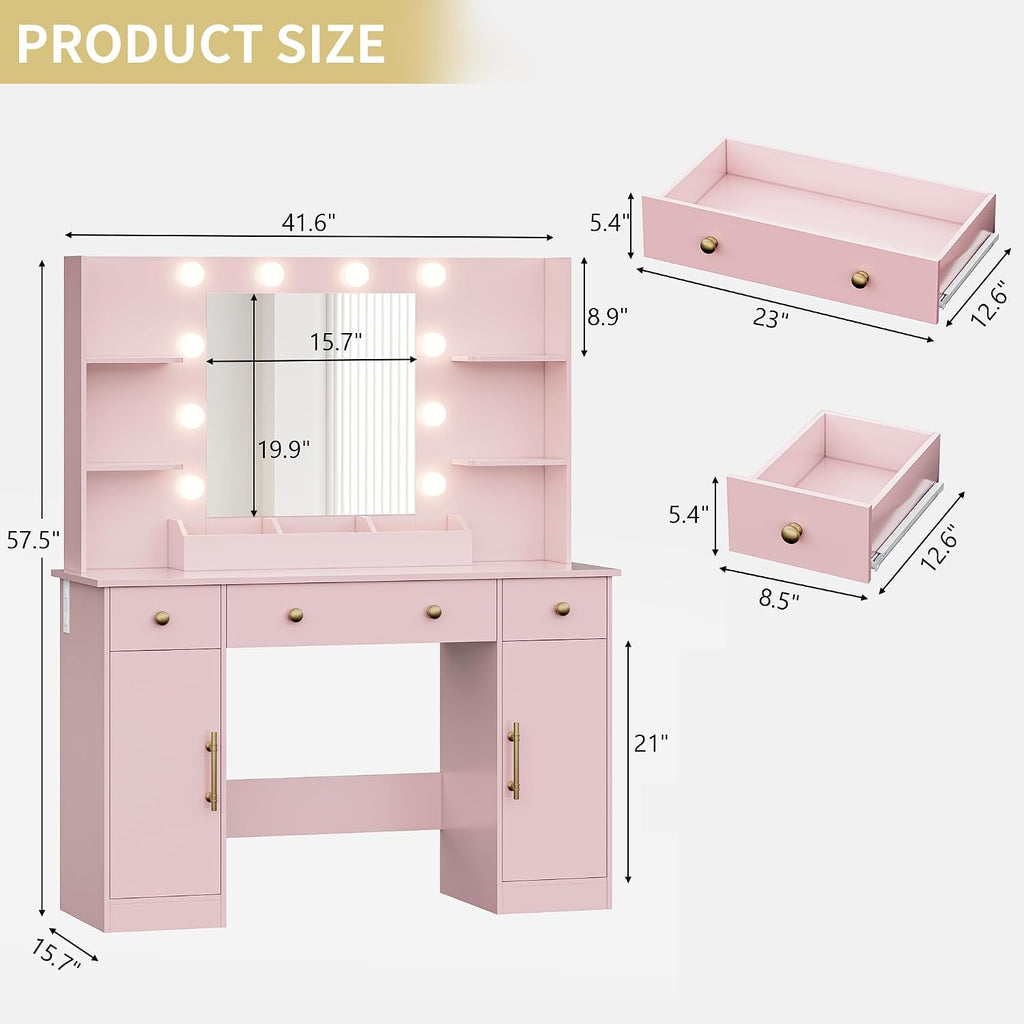Vanity Desk with Mirror and Lights, 43'' Makeup Dressing Table Set with 5 Drawers & Power Outlet, 3 Lighting Modes Brightness Adjustable, Vanity with RGB Ambient Light for Women Girls Bedroom, Pink