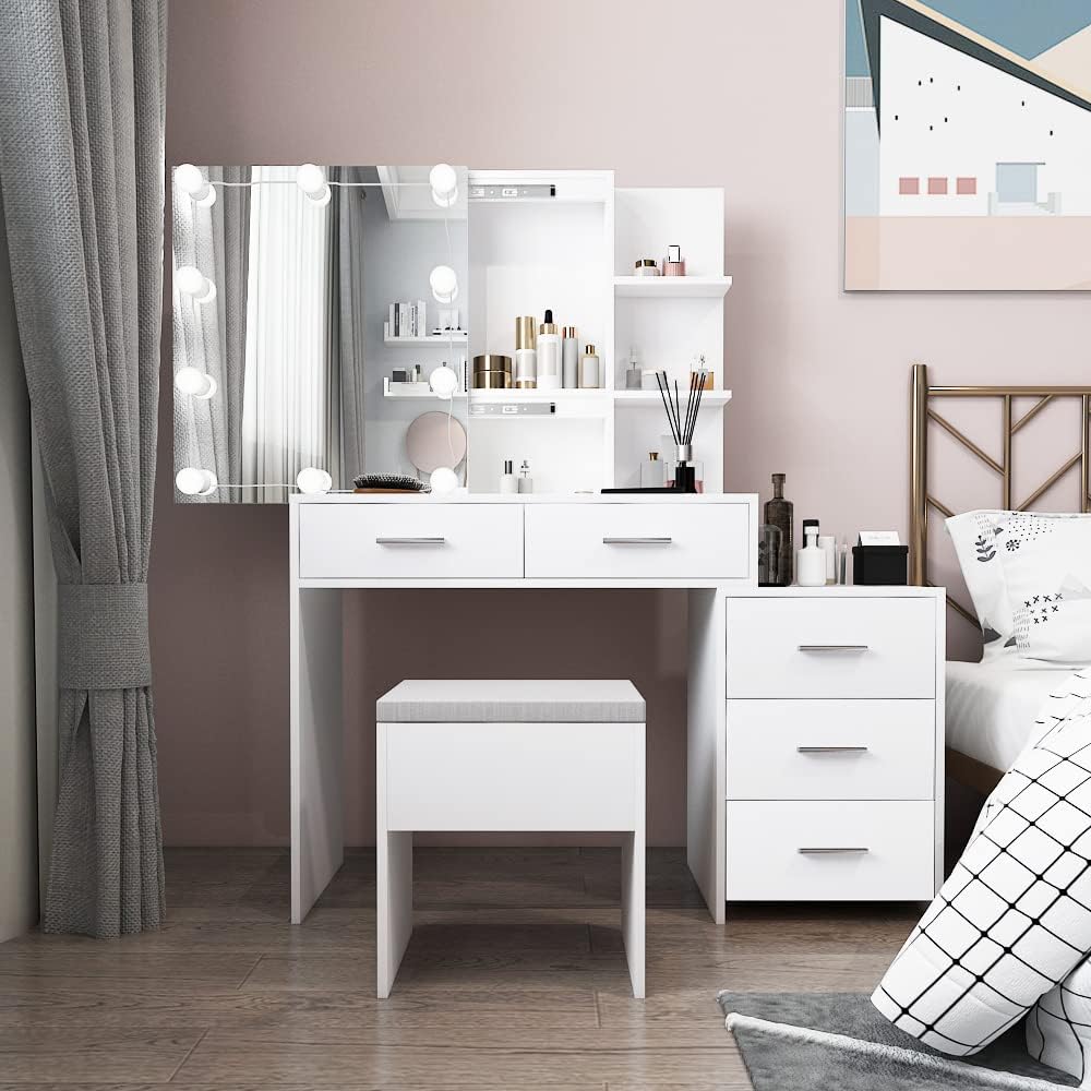 VINGLI Vanity Desk with Mirror, 10 Lights and Stool, Makeup Table with 5 Drawer and 4 Storage Shelves, Dressing Table for Bedroom Dressing Room, White