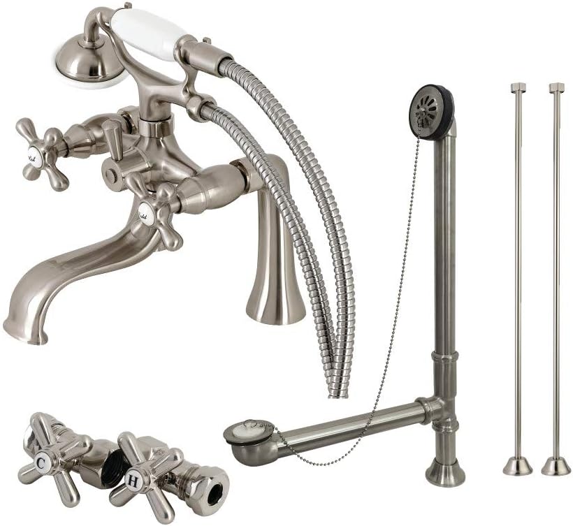 Kingston Brass CCK228SN Vintage Deck Mount Clawfoot Tub Faucet Package with Supply Line, Brushed Nickel