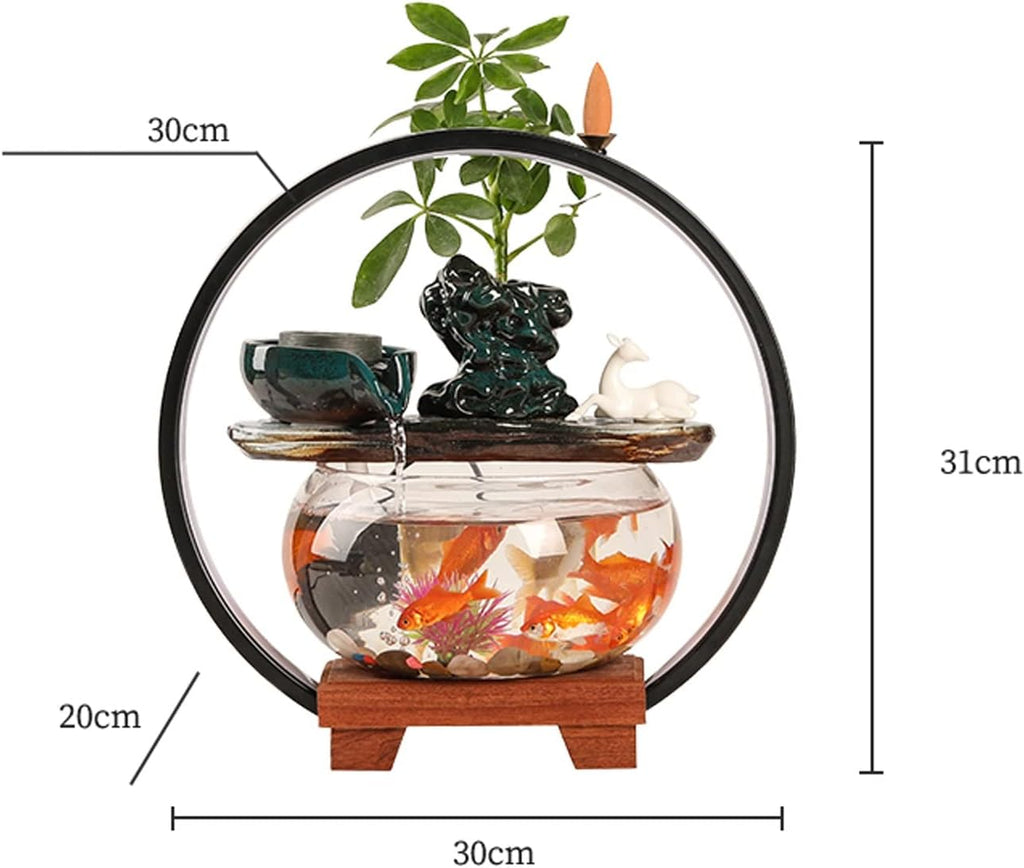 Indoor Fountain/Water Fountain Indoor Relaxation Desktop Ceramic Tabletop Fountain with Glass Fish Tank, Wooden Base and Led Light, Indoor Zen Desktop Relaxin,Gold