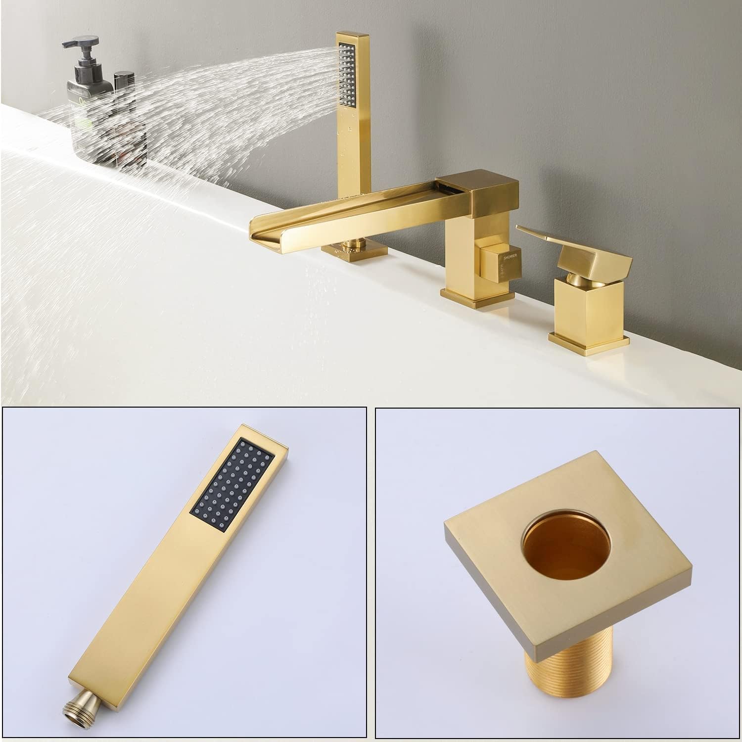Waterfall Roman Tub Faucet with Hand Shower, Brass Bathtub Faucet Deck Mount Tub Filler Faucets with Sprayer Brushed Gold