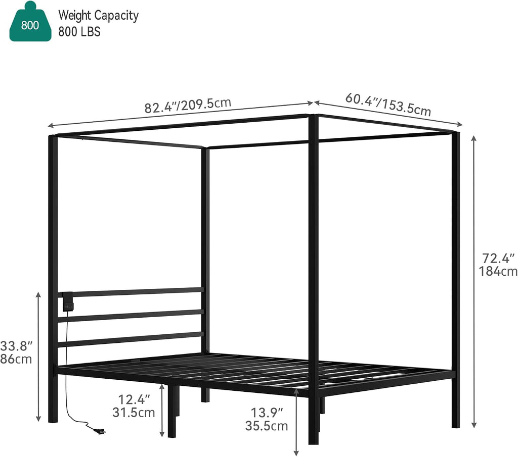 YITAHOME Canopy Bed Frame, Queen Size Metal Bed Frame with USB Charging Station, Four Poster Platform Bed with Metal Slats Support, 12.4 inch Storage Beneath Bed, No Box Spring Needed, Black