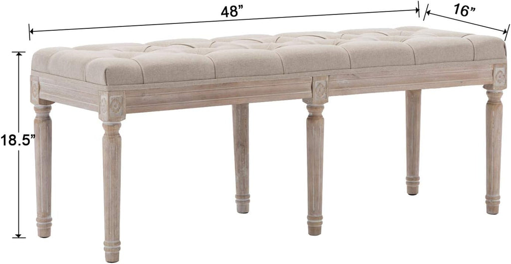 Kmax 45.3' Upholstered Dining Room Bench, Rustic Living Room Ottoman Bench with Carved Pattern & Rustic White Brushed Rubber Wood Legs, Beige