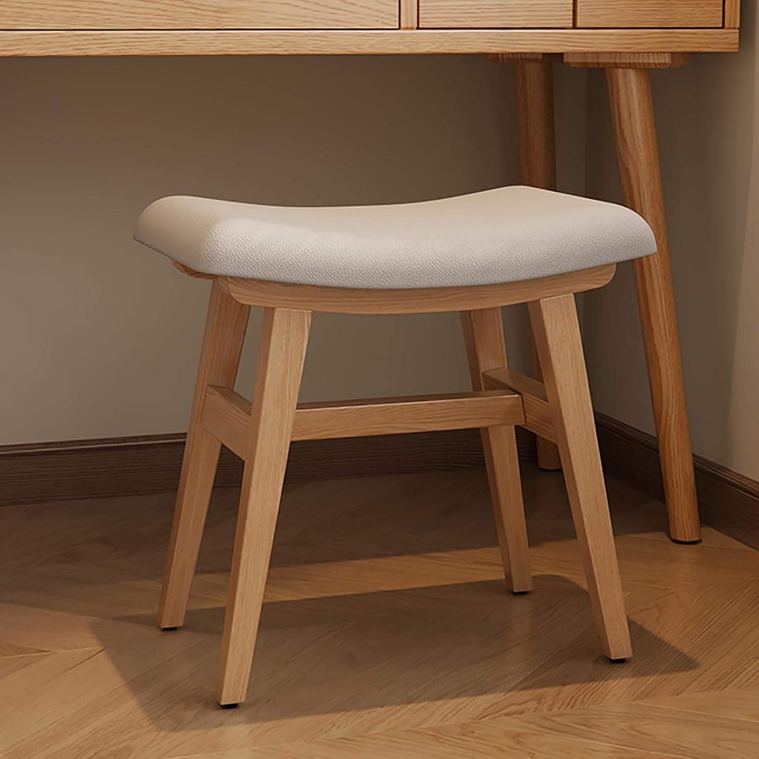 Makeup Vanity Stool, Saddle Cushion Vanity Bench Ottoman with Solid Wood Leg and Upholstered Seat, Entryway Shoe Bench, Counter Height Bar Stool for Kitchen Dining Piano