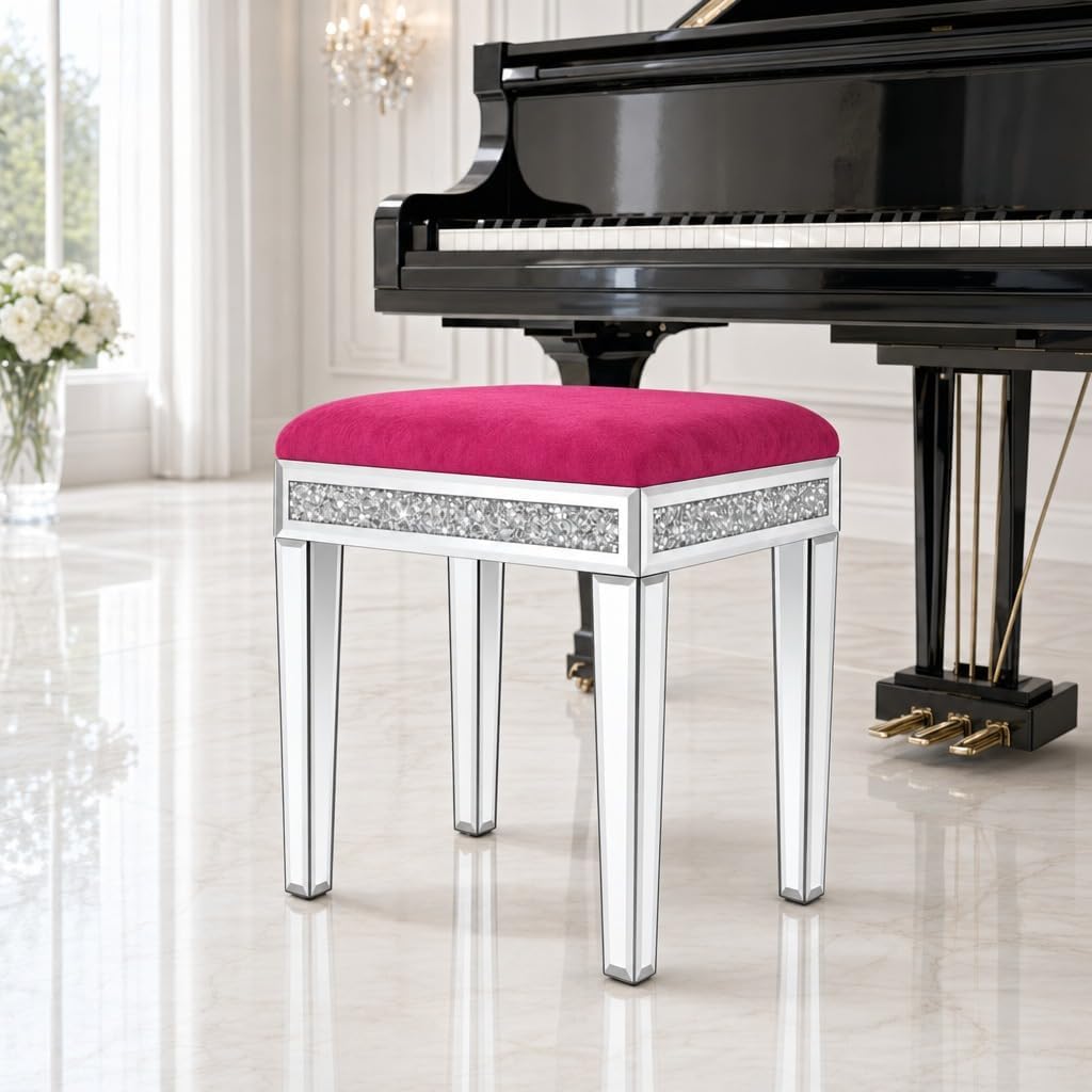 Vanity Stool with Storage Mirrored Legs, Velvet Cushioned Ottoman, Hidden Compartment, Sparkling Diamond Trim, Glam Makeup Chair & Piano Bench (Hot Pink)