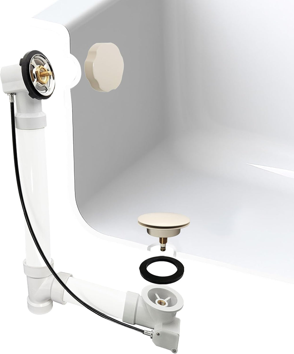 Westbrass D50P27-65 27' Cable Drive Standard Bath Drain Trim Kit with Rotary Overflow Cover Knob, Pop-Up Stopper and Sch. 40 PVC Fittings, Powder Coat Biscuit