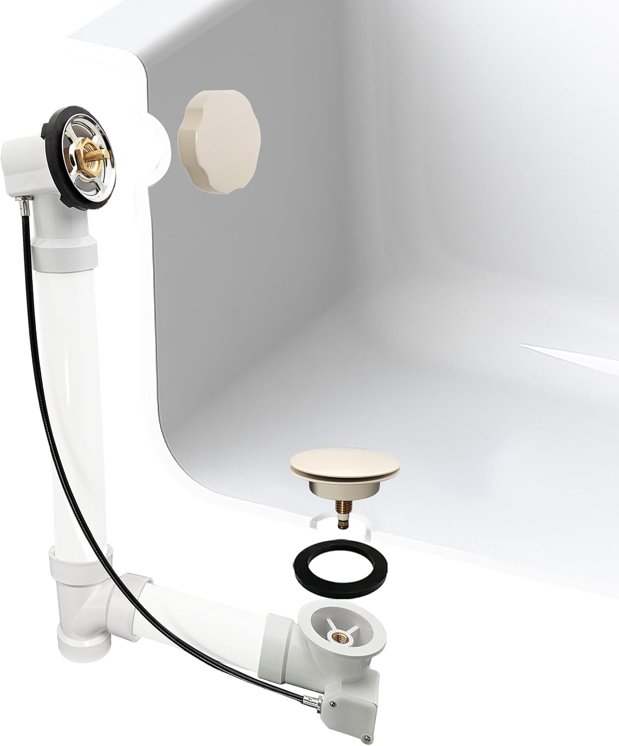 Westbrass A50P45-65 45' SCH. 40 PVC Cable Driven Bath Drain Trim Kit with Rotary Overflow Cover Knob and Pop-Up Stopper, Biscuit