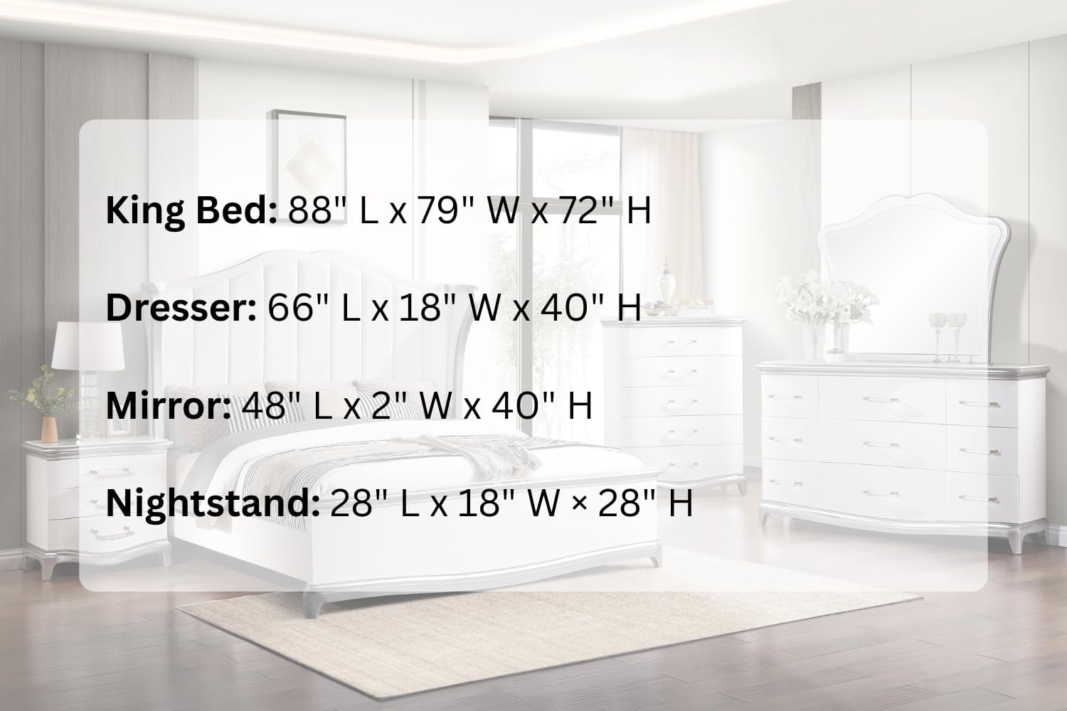 First of a Kind Nina White Silver Traditional 4 Piece King Bedroom Set with Upholstered Tufted Headboard Elegant European Inspired Design Coordinated Furniture Collection