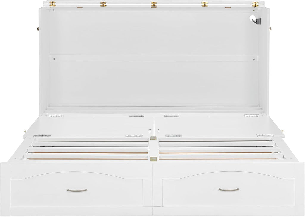 Merax Queen Size Murphy Bed Wall Bed with Drawer and a Set of Sockets & USB Ports, Pulley Structure Design, White