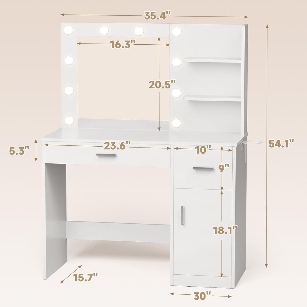 JUMMICO 35.4' Vanity Desk with Mirror and Lights - LED Makeup Vanity Table with Charging Station, 3 Color Adjustable Lights, 3 Drawers & Large Cabinet with Shelves for Bedroom Dressing Room (White)