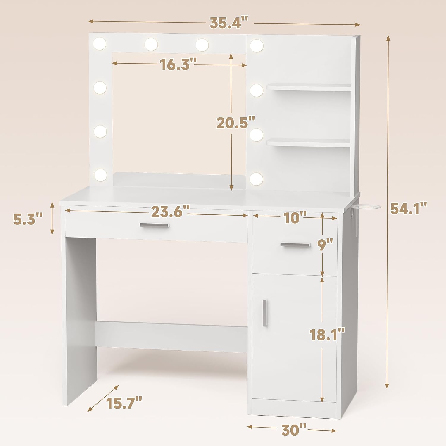 JUMMICO 35.4' Vanity Desk with Mirror and Lights - LED Makeup Vanity Table with Charging Station, 3 Color Adjustable Lights, 3 Drawers & Large Cabinet with Shelves for Bedroom Dressing Room (White)