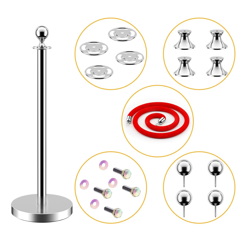 LOVMOR Crowd Control Stanchion, Set with 5 ft/1.5 m Red Velvet Rope, Set of 8 Pieces, Stanchion Rope Divider, Silver Gold Queue Barrier Line Divider with Fillable Plastic Base, Airport