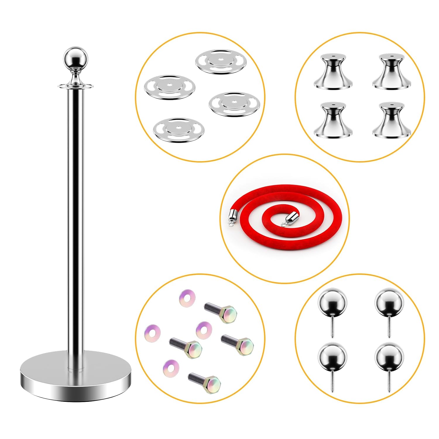 LOVMOR Stainless Steel Stanchion Post, Stanchions with Red Rope, Hollow Base and Velvet Ropes Safety Barriers Set, Carpet Runner for Party (6pack-Silver)