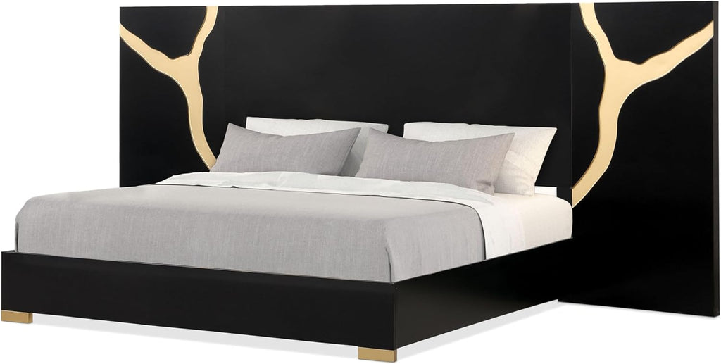 Furniture of America Quanta Modern Wood 5-Piece Bedroom Set with Panel Headboard and Gold-Painted Pattern Extended Walls, Felt-Lined Top Drawer, No Box Spring Needed, King, Black