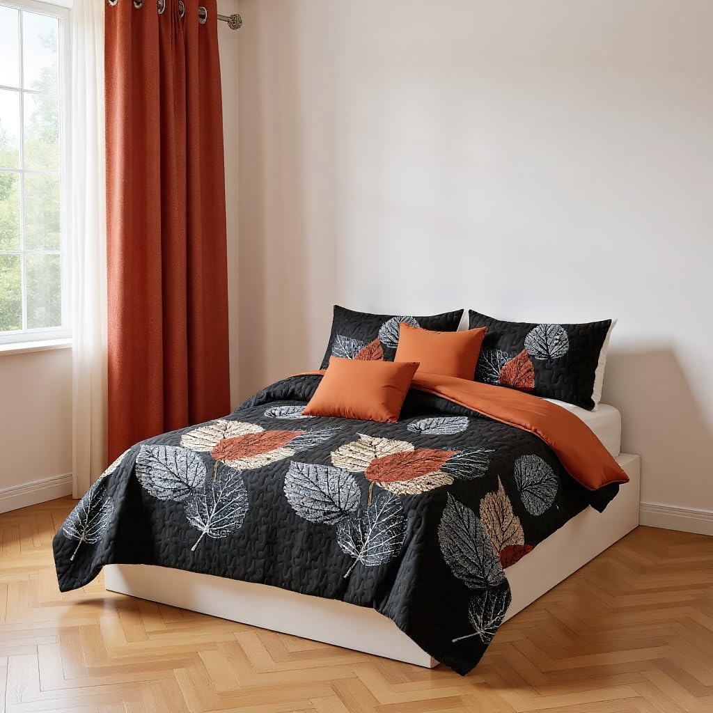 Elegance 9-Piece Leaves Queen Light Comforter Set, Luxury Bed in a Bag Queen Bedspread with Matching Curtains Ultra Soft & Breathable Black Brown Floral Bedding, All-Season Decor for Master Suite