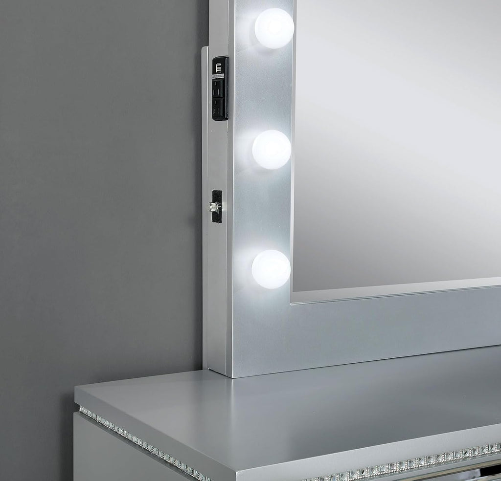 MASARA 4-Piece Queen Bedroom Set, Glam Silver with Tufted Velvet Headboard, LED Mirror, USB Charging