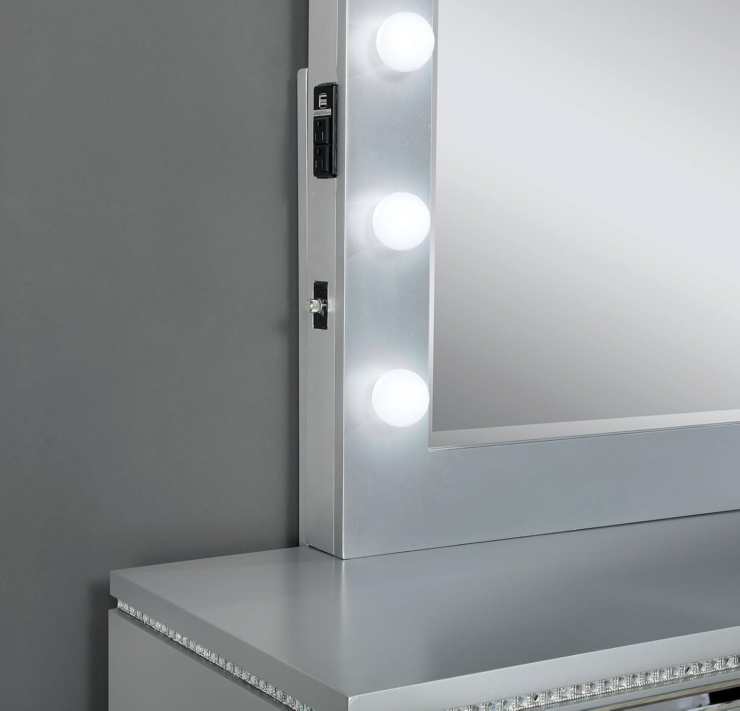 MASARA 4-Piece Queen Bedroom Set, Glam Silver with Tufted Velvet Headboard, LED Mirror, USB Charging