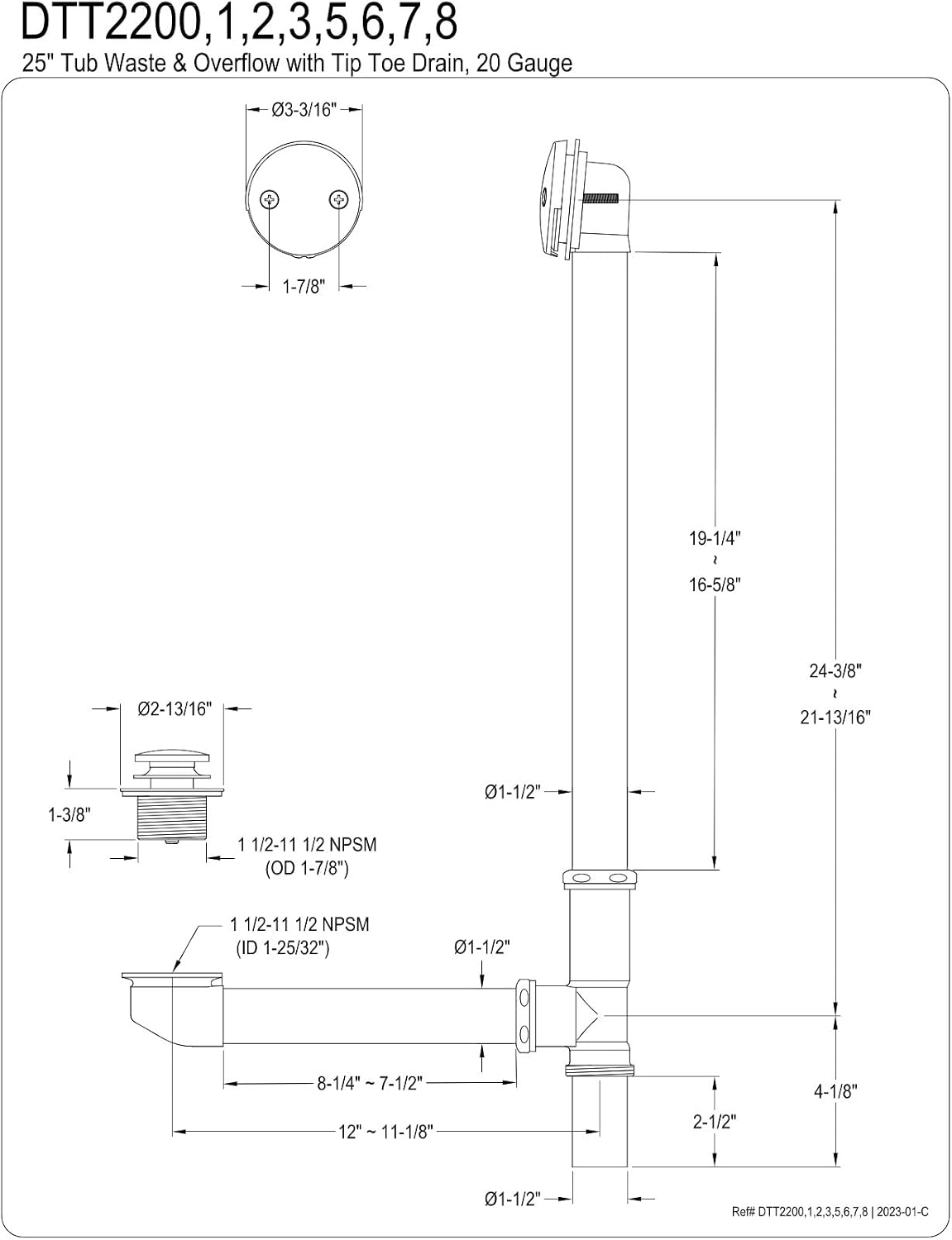 Kingston Brass DTT2208 Tip-Toe Bath Tub Drain and Overflow, Brushed Nickel