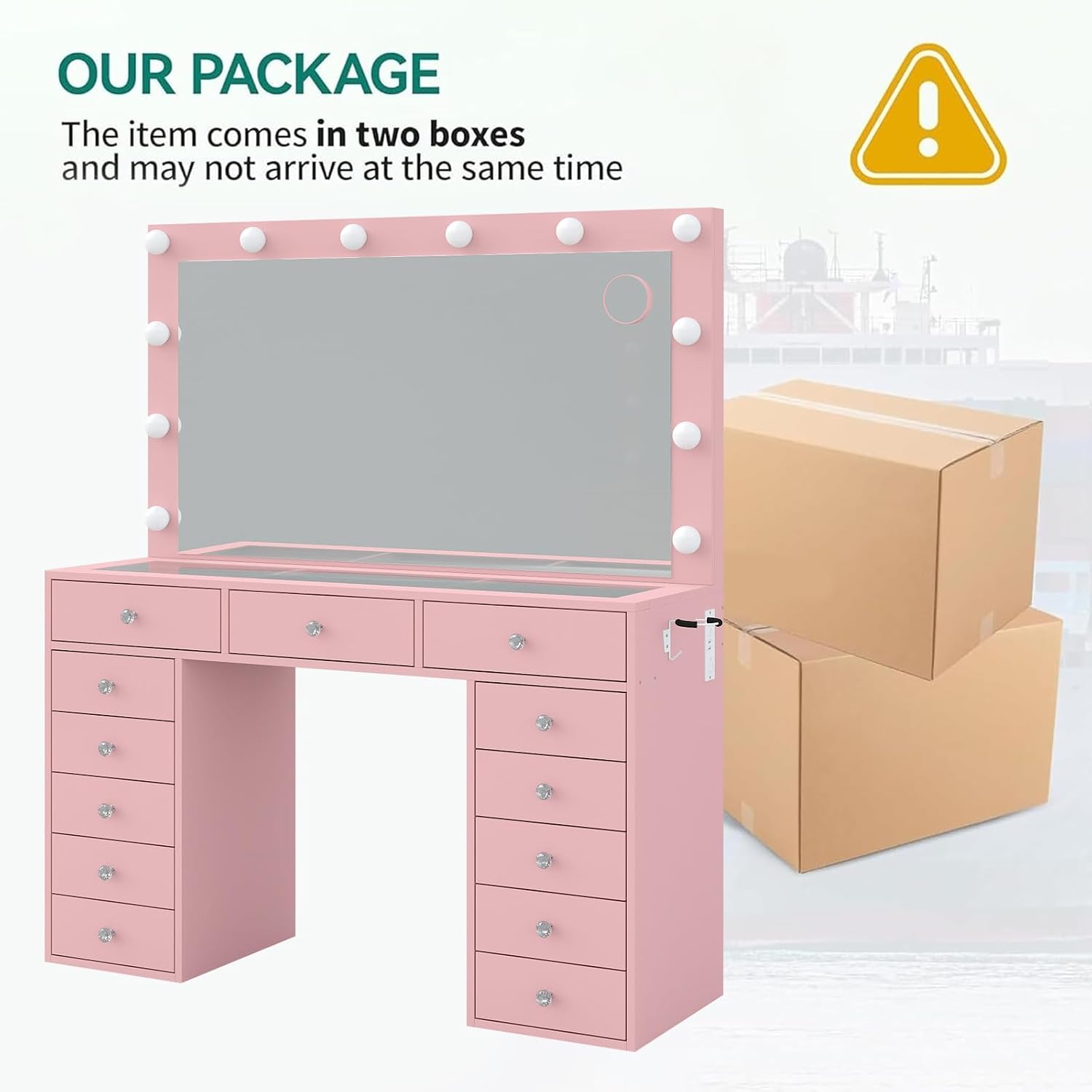 FUSOU 13 Drawers Vanity Desk, 47''W Makeup Vanity with Power Outlet, Vanity Table with Mirror and 12 LED Bulbs, 3 Color Lighting Modes, Glass Top, Dressing Table for Bedroom (Pink)