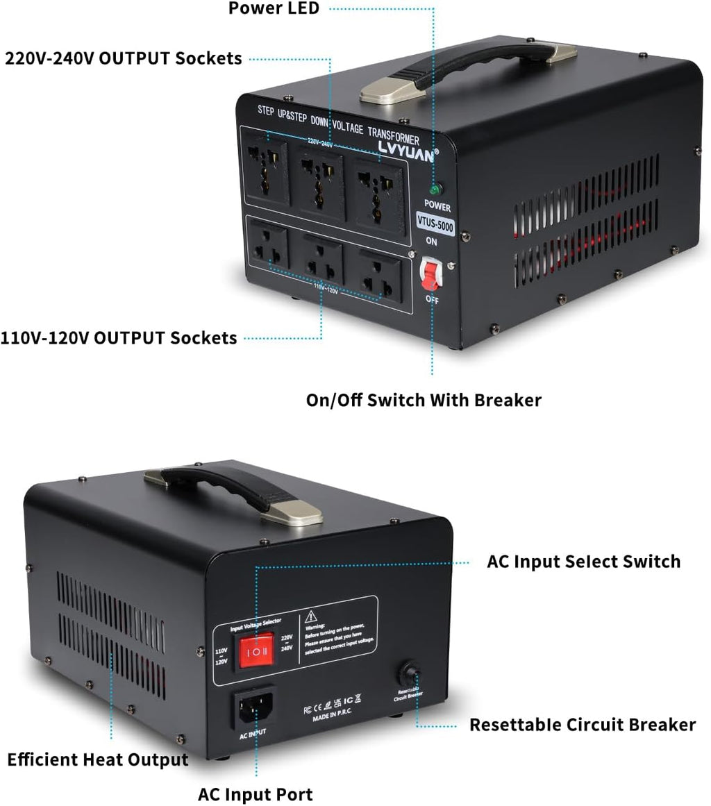 LVYUAN 5000 Watt Voltage Converter Transformer Heavy Duty Step Up/Down AC 110V/120V/220V/240V Power Converter with 3 US Outlets, 3 Universal Outlets, Resettable Circuit Breaker Protection