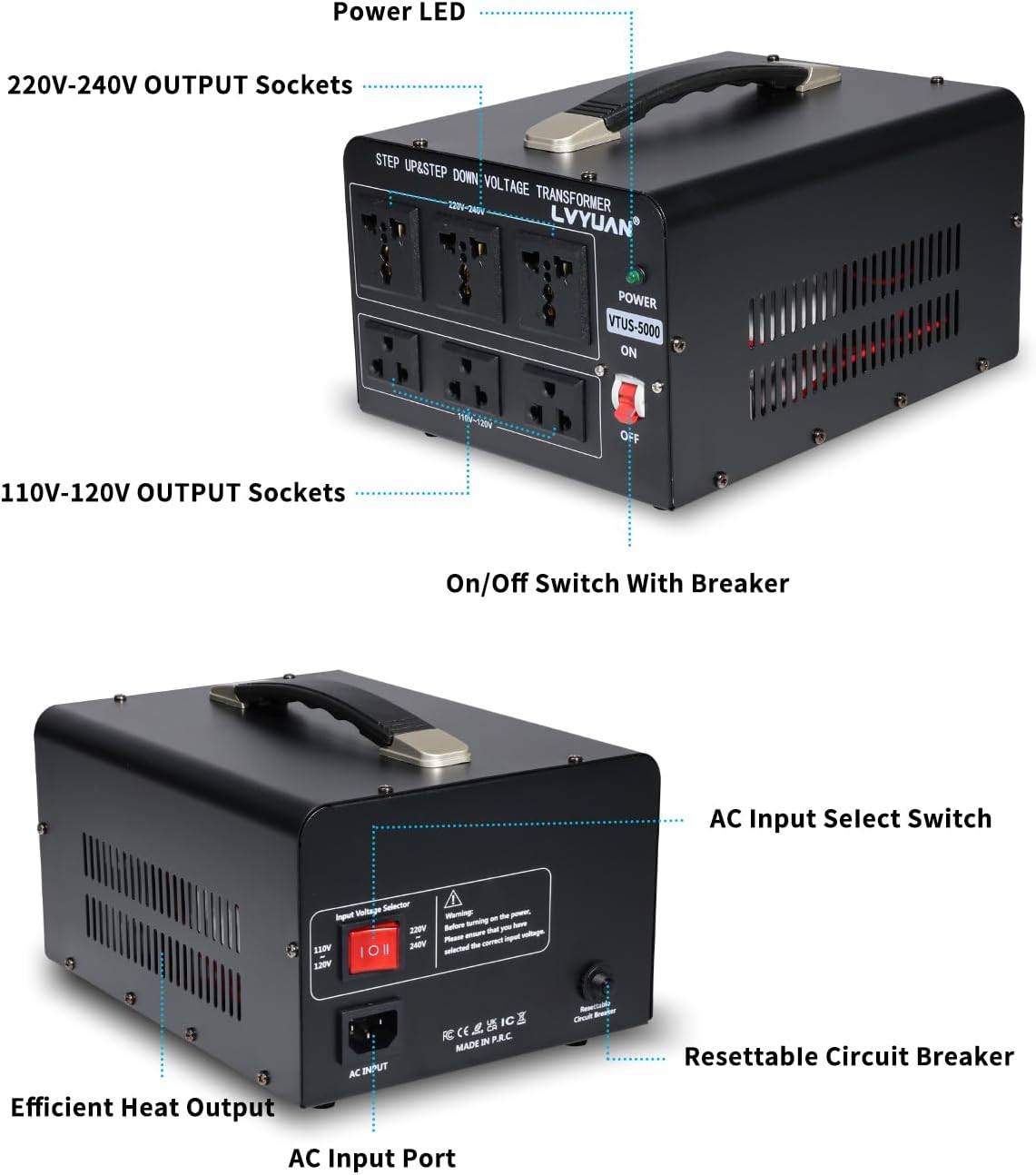 LVYUAN 5000 Watt Voltage Converter Transformer Heavy Duty Step Up/Down AC 110V/120V/220V/240V Power Converter with 3 US Outlets, 3 Universal Outlets, Resettable Circuit Breaker Protection