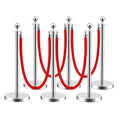 LOVMOR Stainless Steel Stanchion Post, Stanchions with Red Rope, Hollow Base and Velvet Ropes Safety Barriers Set, Carpet Runner for Party (6pack-Silver)