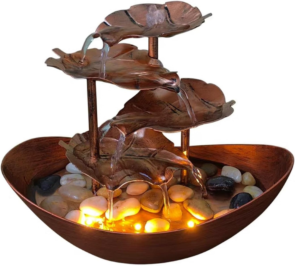 Tabletop Fountain Desktop Lotus Leaf Yuanbao Flowing Water Fountain Decoration Living Room Screen Porch Home Decoration, LED Atmosphere Night Light Desktop Fountain (Color : A)