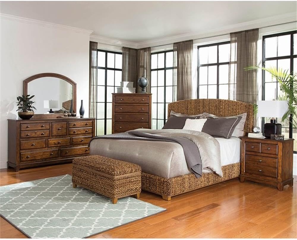 BOWERY HILL Farmhouse Wood Queen Panel Bed, Amber Brown and Honey Finish, Banana Leaf Upholstered Mahogany Frame, Solid Mahogany Legs, Tropical Style Bedroom Furniture, 55 in H x 67 in W x 88.25 in D