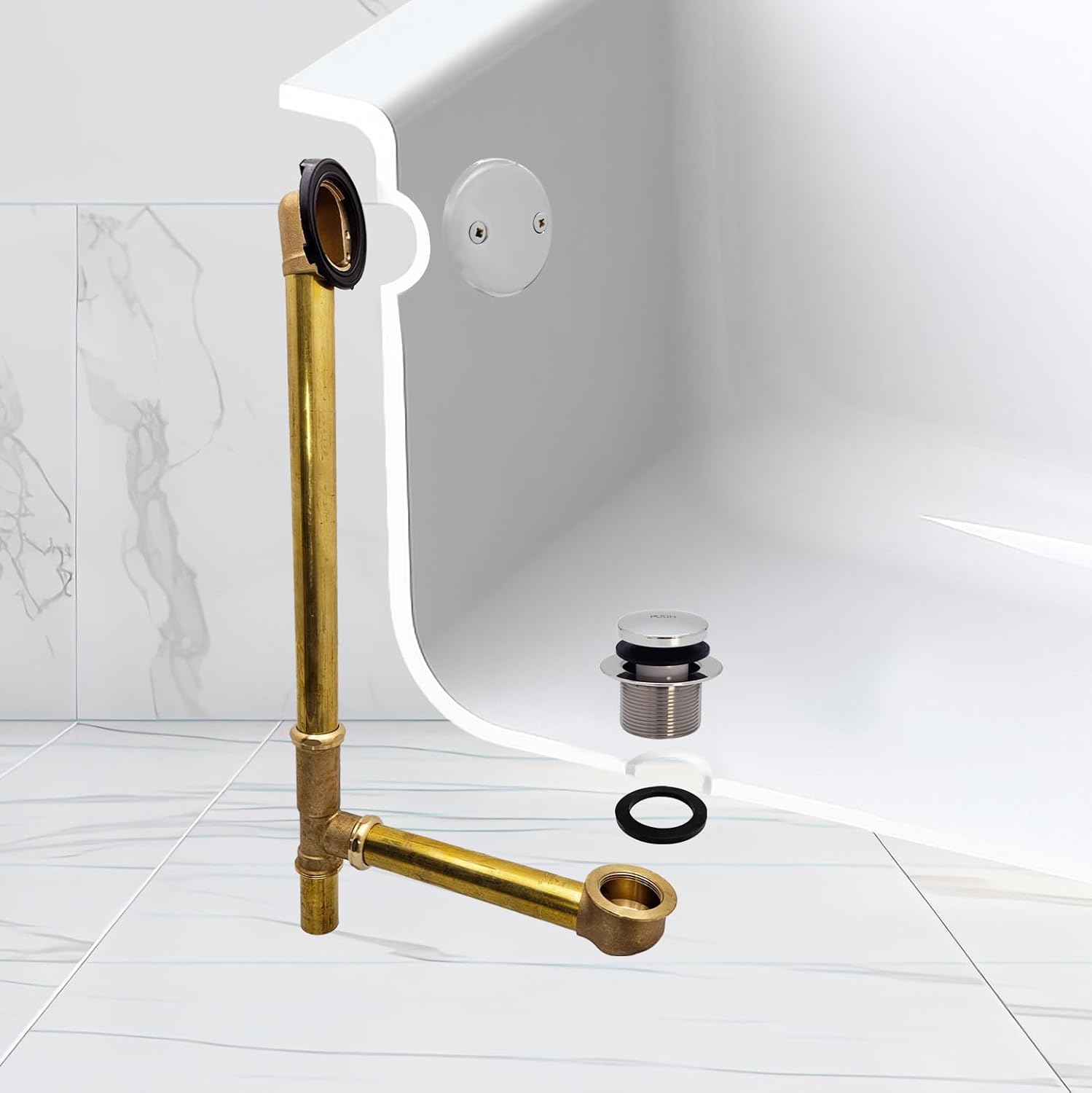 Westbrass A326-26 22-1/2' Brass Bath Waste & Overflow Assembly with Tip-Toe Drain Plug and 2-Hole Faceplate, Polished Chrome
