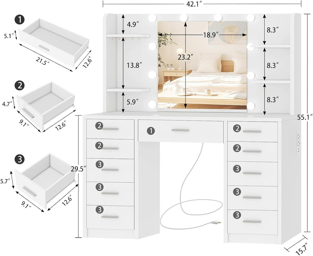 Quimoo Large Vanity Desk with Mirror and Lights, Makeup Vanity with 11 Drawers & 6 Open Shelves, 3 Color Modes & Adjustable Brightness, White Vanity for Girls