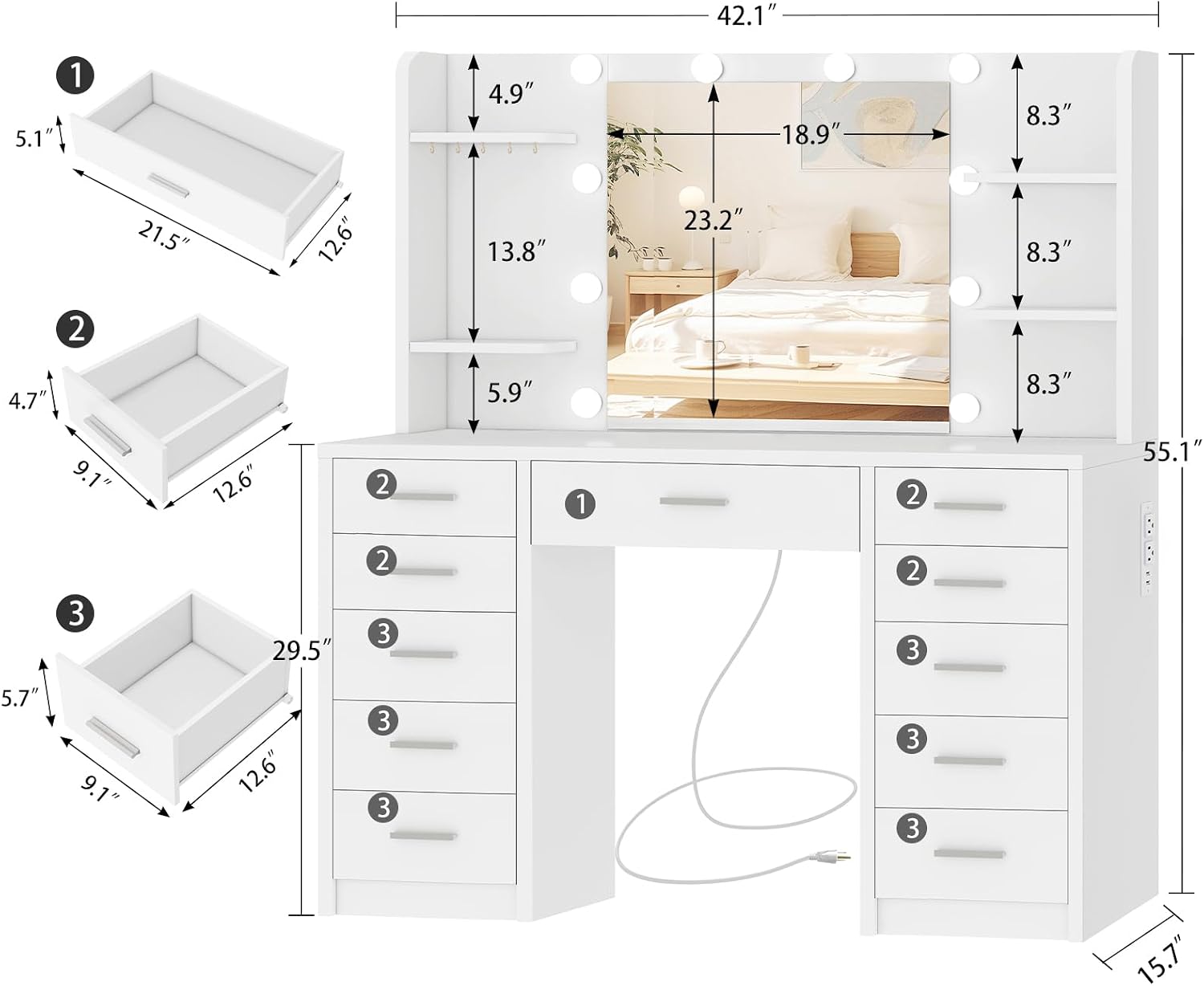 Quimoo Large Vanity Desk with Mirror and Lights, Makeup Vanity with 11 Drawers & 6 Open Shelves, 3 Color Modes & Adjustable Brightness, White Vanity for Girls