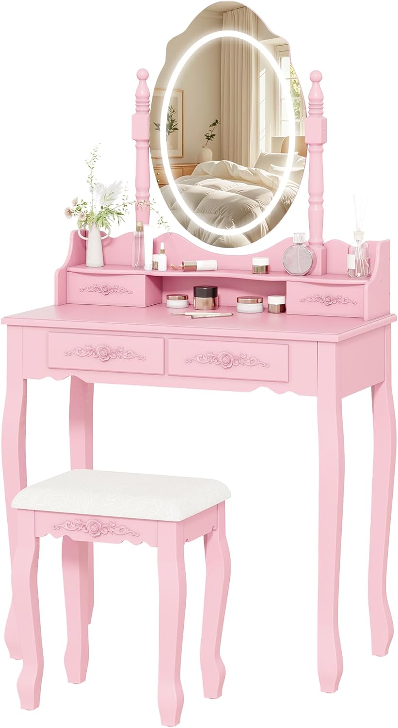 Vanity Desk with Mirror and Lights, Modern Vanity Makeup Table and Cushioned Stool Set with 4 Drawers, 3 Color Lighting Modes with Adjustable Brightness, Dressing Table Set for Bedroom (Pink Vanity)