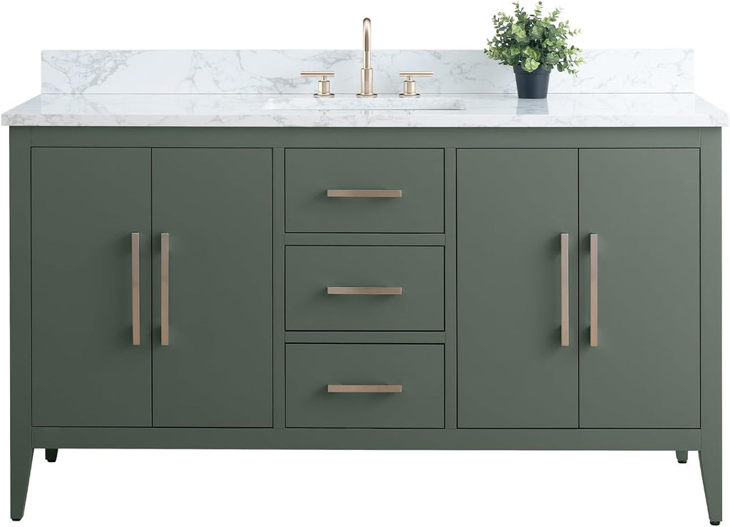 Vanity Art 60 inch Bathroom Vanity with Single Sink & Ceramic Top, Vanity Cabinet with Soft-Closing Doors, Drawers, Solid Wood Frame, Vintage Green, VA9060-SVG-BN1