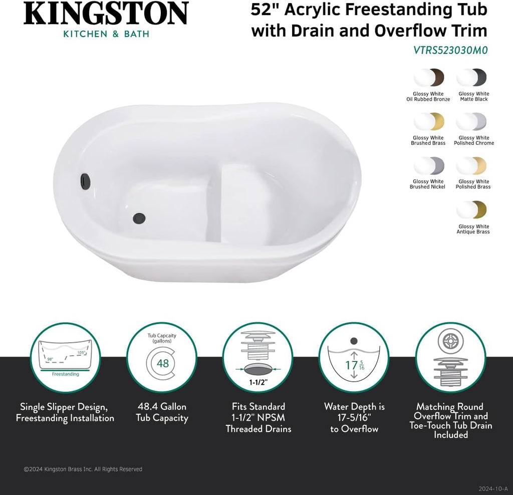 Kingston Brass VTRS523030M5 52' Acrylic Oval Single Slipper Freestanding Tub with Overflow/Drain Assembly and Integral Seat, Glossy White/Oil Rubbed Bronze