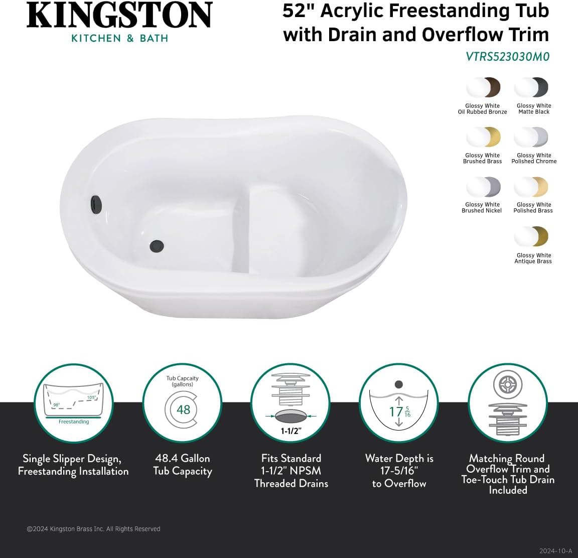 Kingston Brass VTRS523030M5 52' Acrylic Oval Single Slipper Freestanding Tub with Overflow/Drain Assembly and Integral Seat, Glossy White/Oil Rubbed Bronze