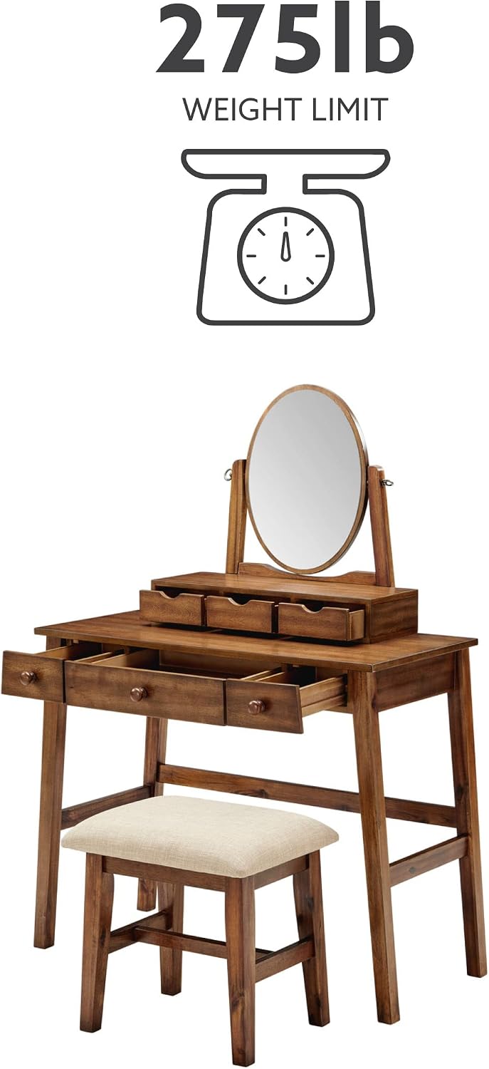 Linon MidCentury Walnut Upholstered Seat Beverly Vanity Set, Medium