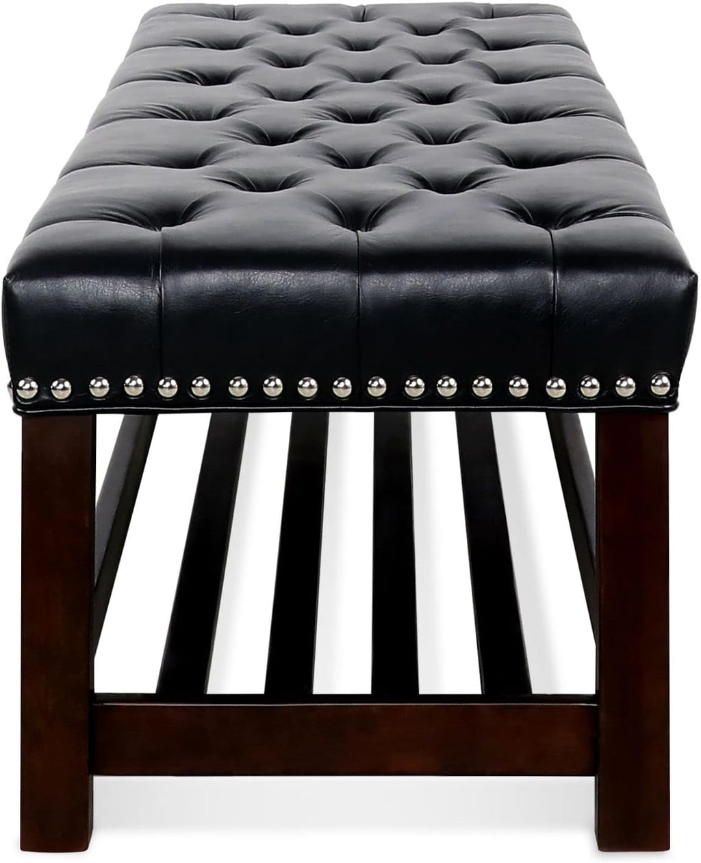 60in Button-Tufted Leather Indoor Bench,Black Upholstered Shoe Bench Entryway, Bedroom Bench Seat, End of Bed Ottoman, Vanity Bench with Wooden Base Shoes Rack (Brown+Wooden)(Black+Wooden)