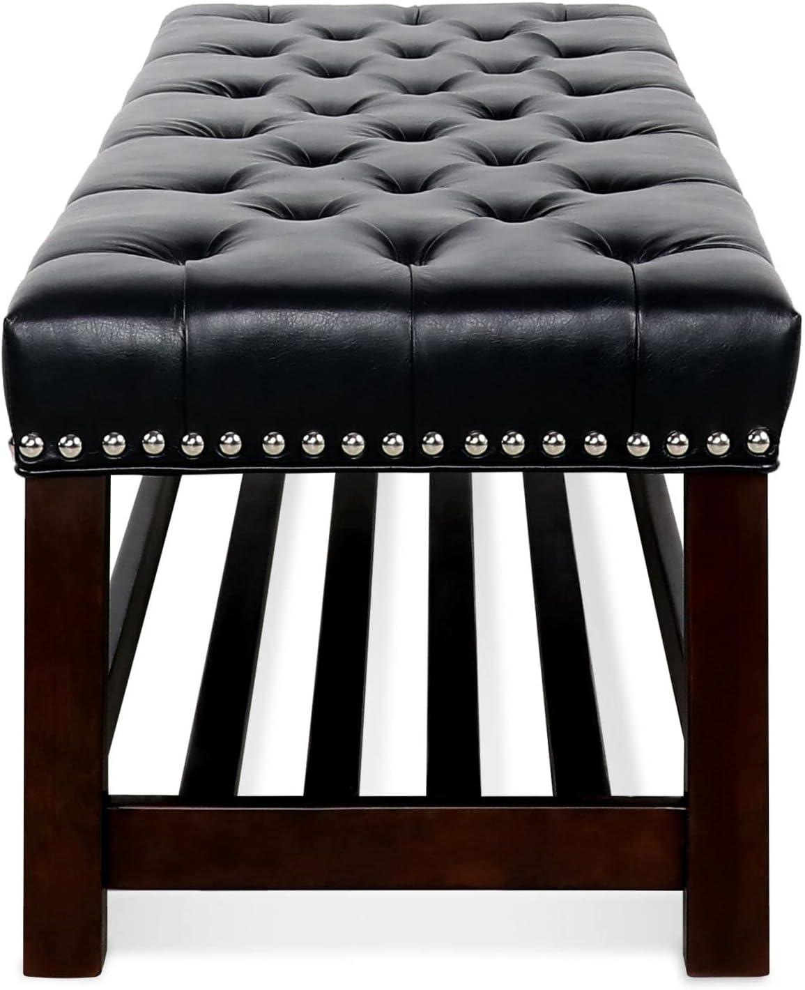 60in Button-Tufted Leather Indoor Bench,Black Upholstered Shoe Bench Entryway, Bedroom Bench Seat, End of Bed Ottoman, Vanity Bench with Wooden Base Shoes Rack (Brown+Wooden)(Black+Wooden)