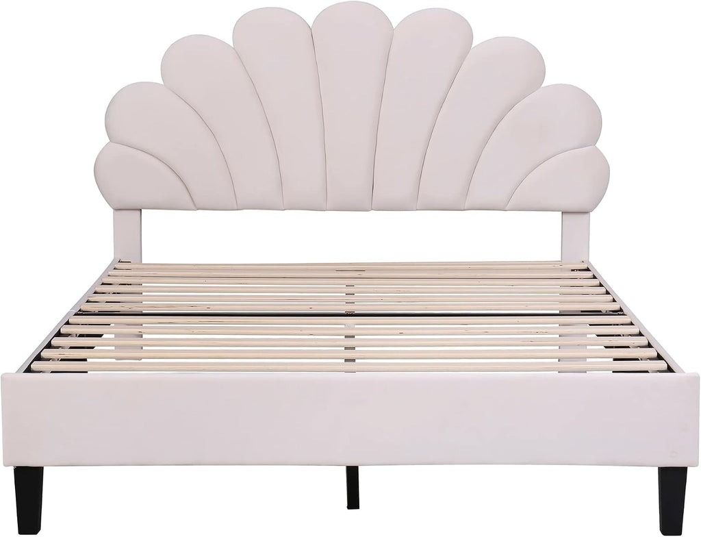 Harper & Bright Designs Full Size Upholstered Platform Bed Frame with Flower Pattern Velvet Headboard for Boys Girls Kids Adults, Beige