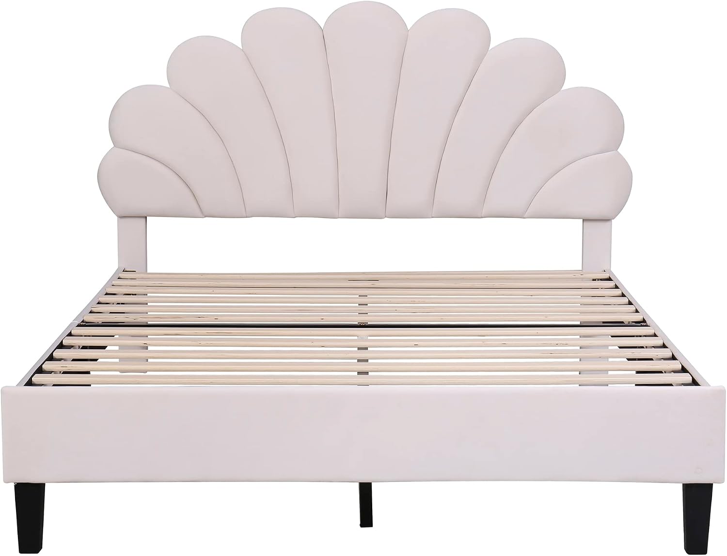 Harper & Bright Designs Full Size Upholstered Platform Bed Frame with Flower Pattern Velvet Headboard for Boys Girls Kids Adults, Beige