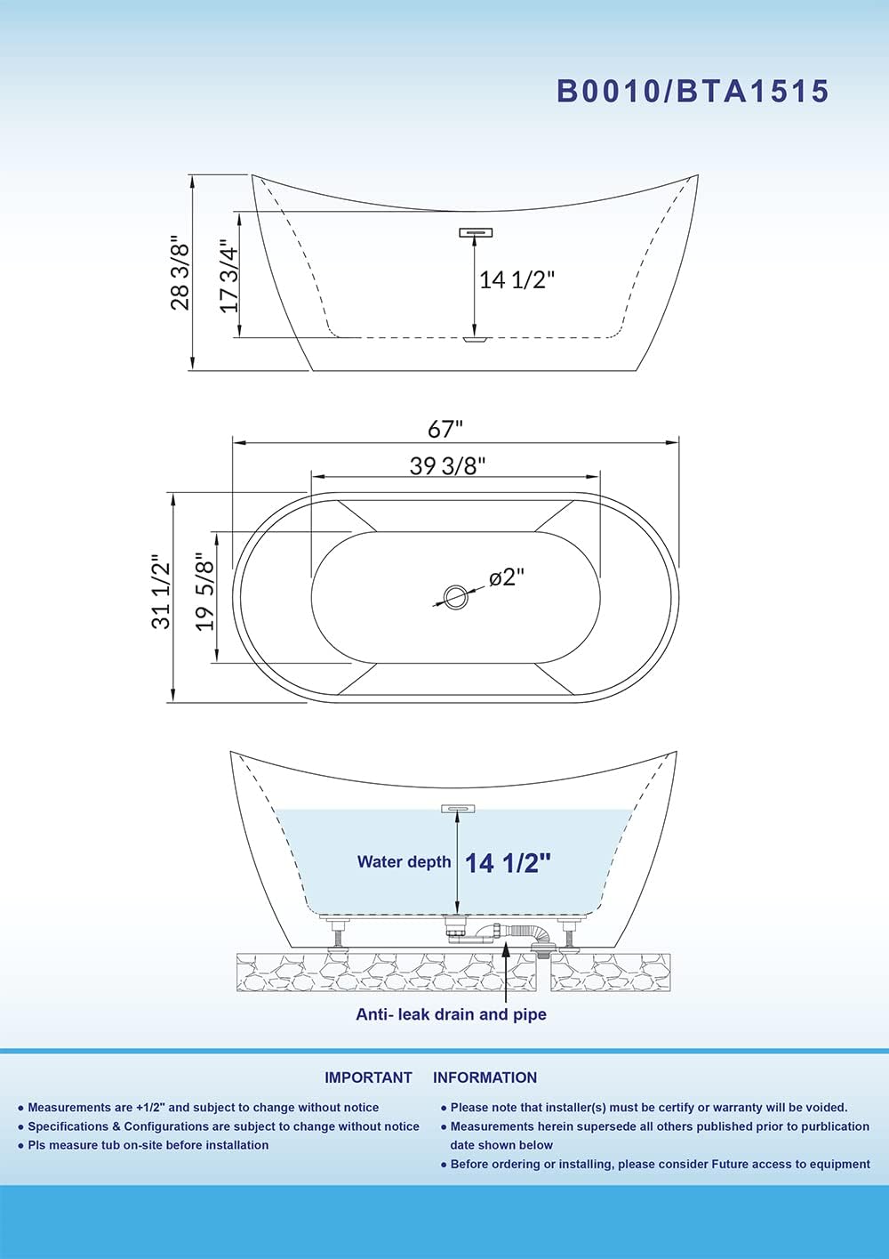 WOODBRIDGE 67'Freestanding White Acylic Soaking Bathtub with Brushed Gold Drain and Overflow,BTA1515-BG