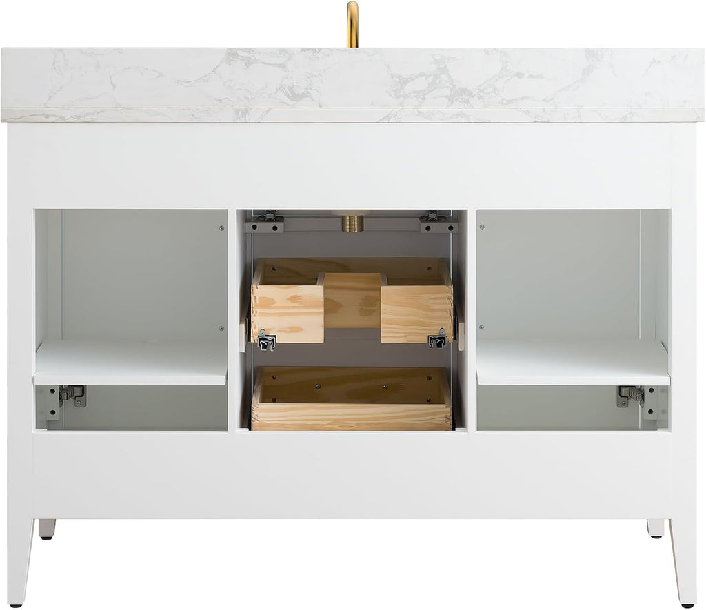 Vanity Art 48 inch Bathroom Vanity with Single Sink & Ceramic Top, Solid Wood, Vanity Cabinet with Soft-Closing Doors, Drawers, White, Golden Brushed Handware